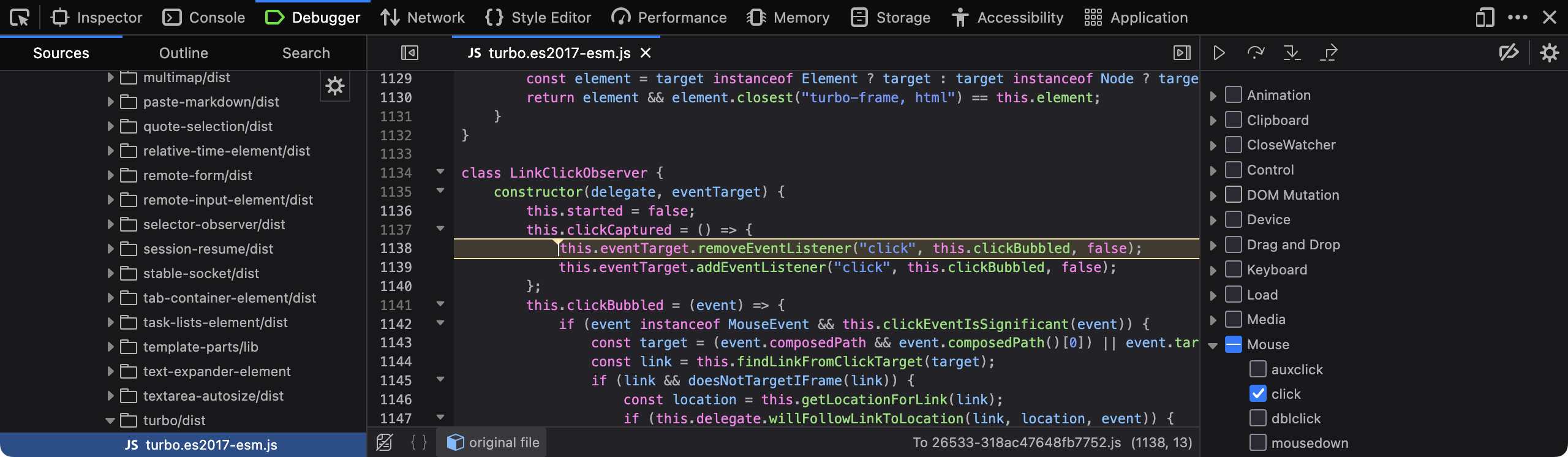 Screenshot of a GitHub repository page with the browser's developer tools open, paused in the JavaScript debugger on a click event listener.